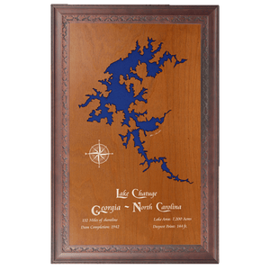 Lake Chatuge, Georgia and North Carolina Stained Wood and Dark Walnut Frame Lake Map Silhouette
