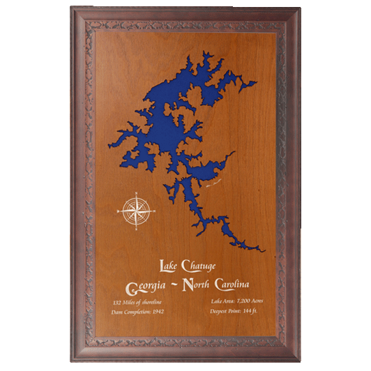 Lake Chatuge, Georgia and North Carolina Stained Wood and Dark Walnut Frame Lake Map Silhouette