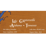 Lake Guntersville, Alabama and Tennessee Stained Wood and Dark Walnut Frame Lake Map Silhouette