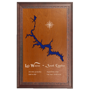 Lake Wateree, South Carolina Stained Wood and Dark Walnut Frame Lake Map Silhouette