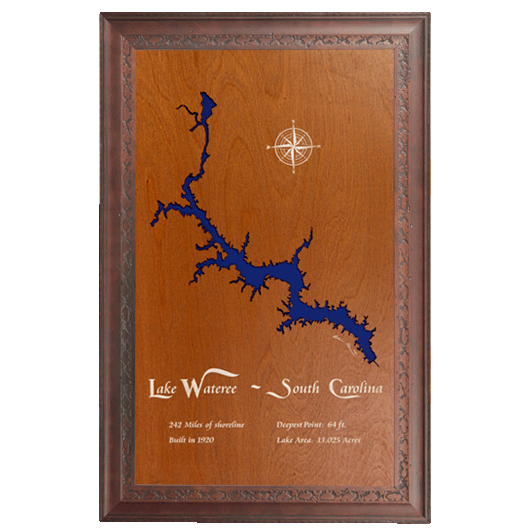 Lake Wateree, South Carolina Stained Wood and Dark Walnut Frame Lake Map Silhouette