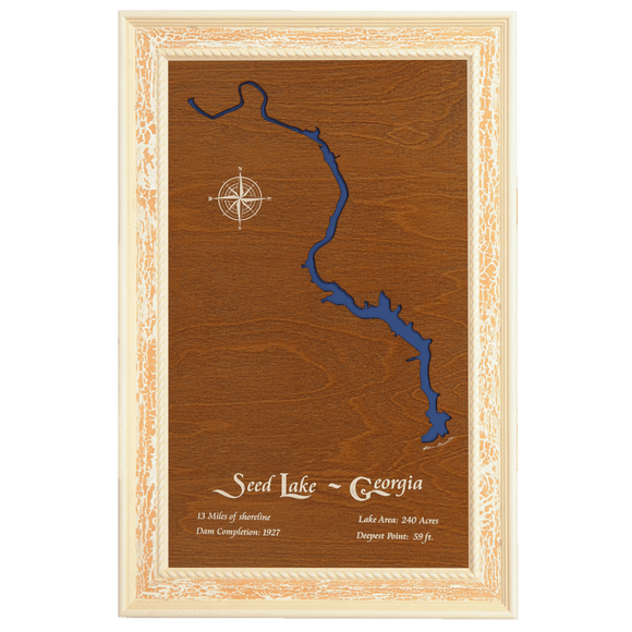 Seed Lake, Georgia Stained Wood and Distressed White Frame Lake Map Silhouette