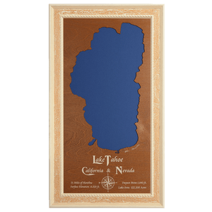 Lake Tahoe, California and Nevada Stained Wood and Distressed White Frame Lake Map Silhouette