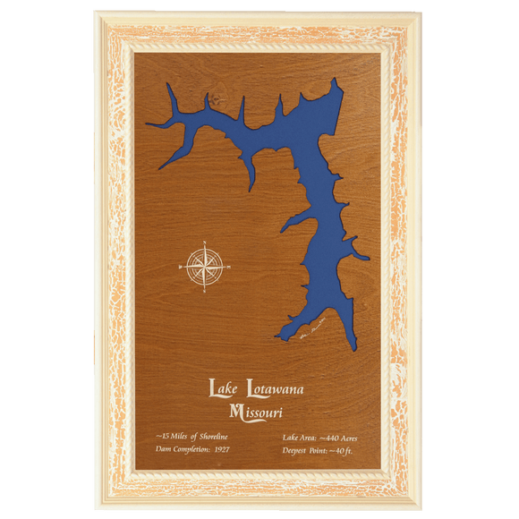 Lake Lotawana, Missouri Stained Wood and Distressed White Frame Lake Map Silhouette