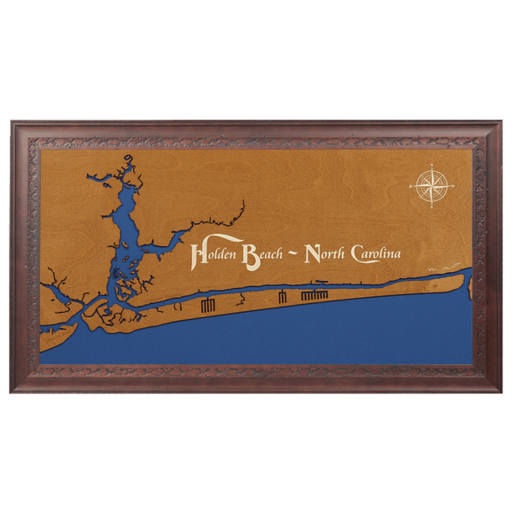 Holden Beach, North Carolina Stained Wood and Dark Walnut Frame Lake Map Silhouette