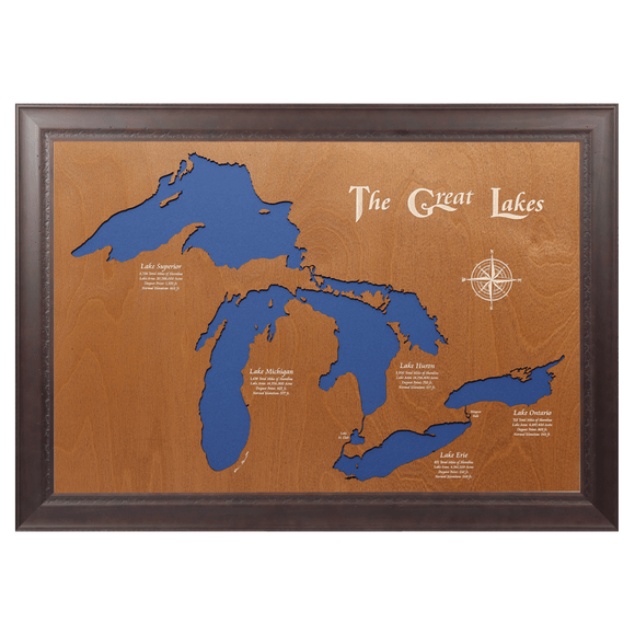 The Great Lakes, New York, Pennsylvania, Ohio, Indiana, Michigan, Illinois, Wisconsin, and Minnesota Stained Wood and Dark Walnut Frame Lake Map Silhouette