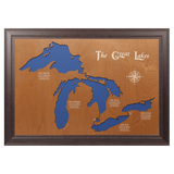 The Great Lakes, New York, Pennsylvania, Ohio, Indiana, Michigan, Illinois, Wisconsin, and Minnesota Stained Wood and Dark Walnut Frame Lake Map Silhouette