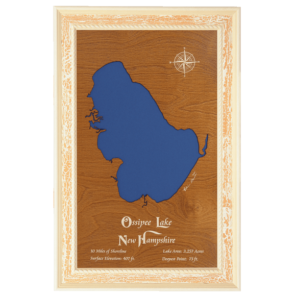 Ossipee Lake, New Hampshire Stained Wood and Distressed White Frame Lake Map Silhouette