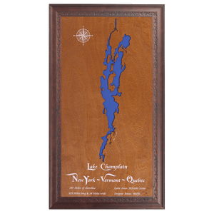 Lake Champlain, New York and Vermont Stained Wood and Dark Walnut Frame Lake Map Silhouette