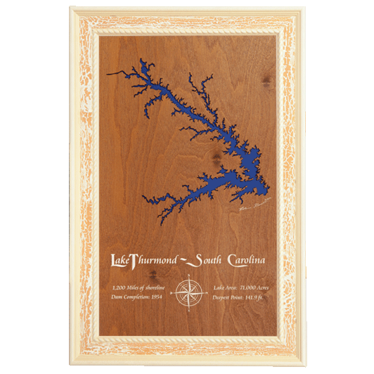 Lake Thurmond, South Carolina Stained Wood and Distressed White Frame Lake Map Silhouette