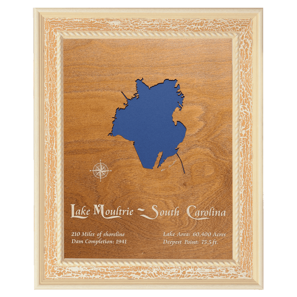 Lake Moultrie, South Carolina Stained Wood and Distressed White Frame Lake Map Silhouette