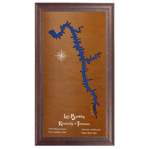 Lake Barkley, Kentucky and Tennessee Stained Wood and Dark Walnut Frame Lake Map Silhouette