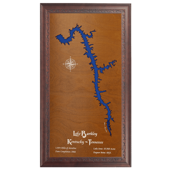 Lake Barkley, Kentucky and Tennessee Stained Wood and Dark Walnut Frame Lake Map Silhouette