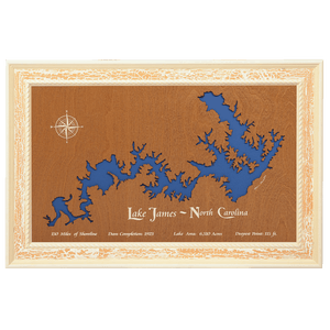 Lake James, North Carolina Stained Wood and Distressed White Frame Lake Map Silhouette