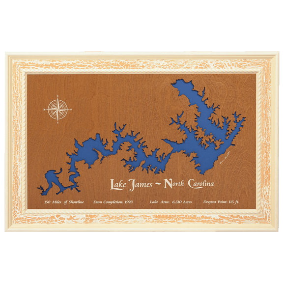 Lake James, North Carolina Stained Wood and Distressed White Frame Lake Map Silhouette