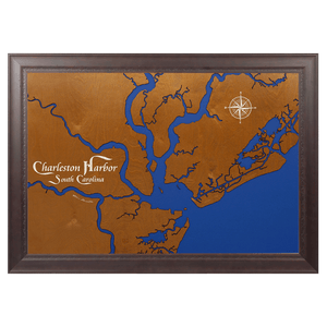 Charleston Harbor, South Carolina Stained Wood and Dark Walnut Frame Lake Map Silhouette
