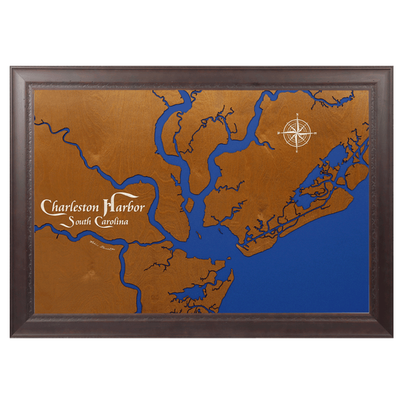 Charleston Harbor, South Carolina Stained Wood and Dark Walnut Frame Lake Map Silhouette