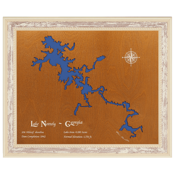 Lake Nottely, Georgia Stained Wood and Distressed White Frame Lake Map Silhouette