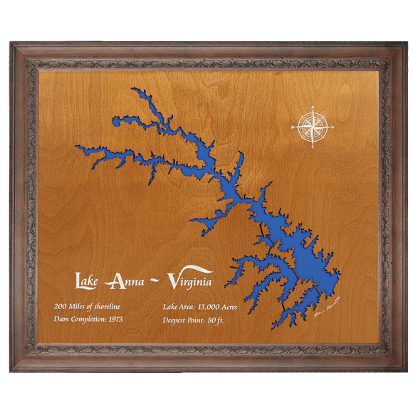Lake Anna, Virginia Stained Wood and Dark Walnut Frame Lake Map Silhouette