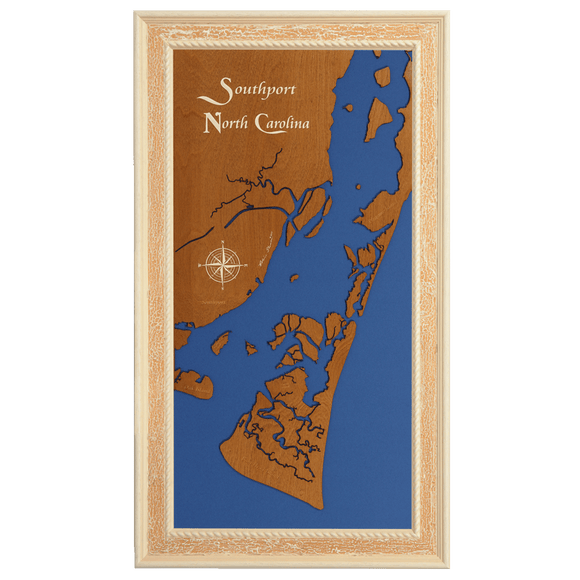 Southport, North Carolina Stained Wood and Distressed White Frame Lake Map Silhouette