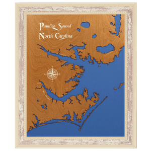 Pamlico Sound, North Carolina Stained Wood and Distressed White Frame Lake Map Silhouette