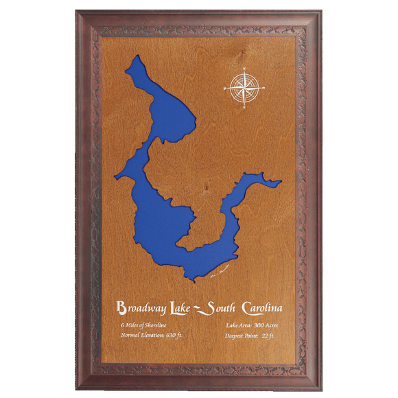 Broadway Lake, South Carolina Stained Wood and Dark Walnut Frame Lake Map Silhouette