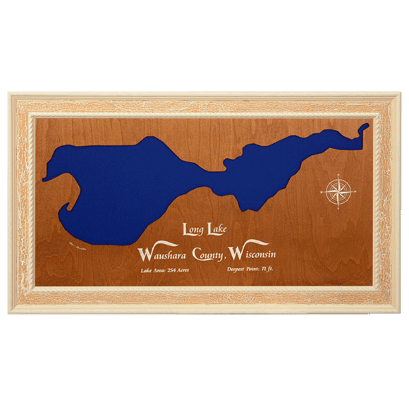 Long Lake, Wisconsin Stained Wood and Distressed White Frame Lake Map Silhouette