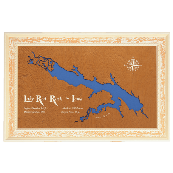 Lake Red Rock, Iowa Stained Wood and Distressed White Frame Lake Map Silhouette