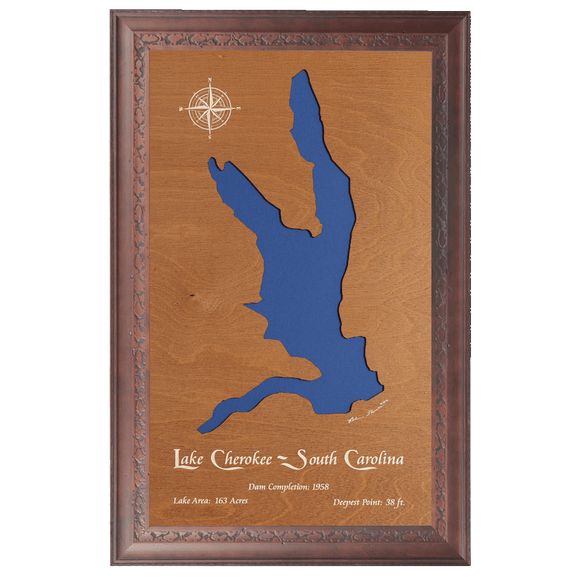 Lake Cherokee, South Carolina Stained Wood and Dark Walnut Frame Lake Map Silhouette