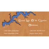 Grand Lake O' the Cherokees, Oklahoma Stained Wood and Dark Walnut Frame Lake Map Silhouette