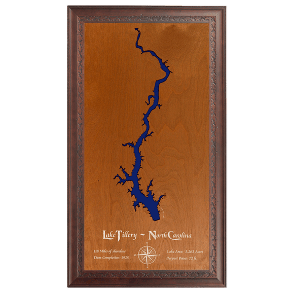 Lake Tillery, North Carolina Stained Wood and Dark Walnut Frame Lake Map Silhouette
