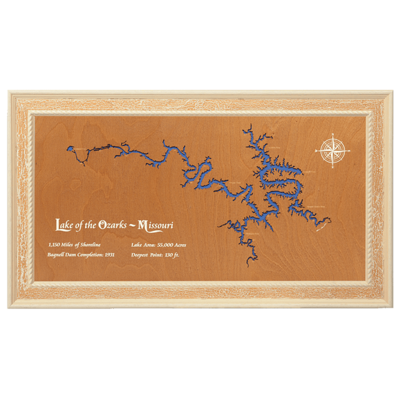 Lake of the Ozarks, Missouri Stained Wood and Distressed White Frame Lake Map Silhouette