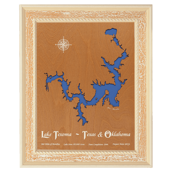 Lake Texoma, Texas and Oklahoma Stained Wood and Distressed White Frame Lake Map Silhouette