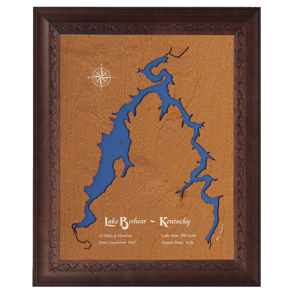 Lake Beshear, Kentucky Stained Wood and Dark Walnut Frame Lake Map Silhouette