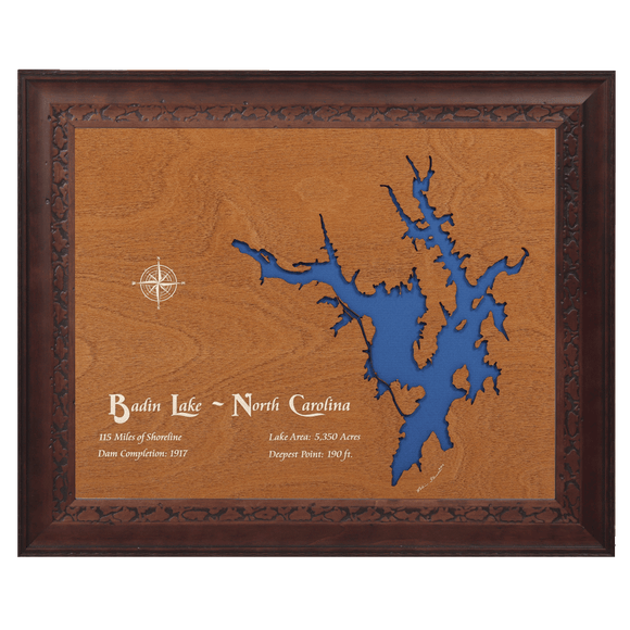 Badin Lake, North Carolina Stained Wood and Dark Walnut Frame Lake Map Silhouette