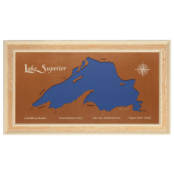 Lake Superior, Canada, Minnesota, Wisconsin, and Michigan Stained Wood and Distressed White Frame Lake Map Silhouette