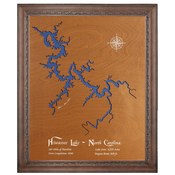 Hiwassee Lake, North Carolina Stained Wood and Dark Walnut Frame Lake Map Silhouette