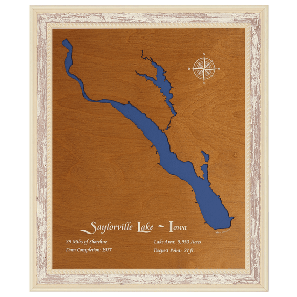 Saylorville Lake, Iowa Stained Wood and Distressed White Frame Lake Map Silhouette