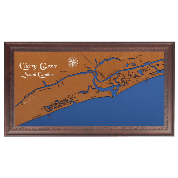 Cherry Grove, South Carolina Stained Wood and Dark Walnut Frame Lake Map Silhouette