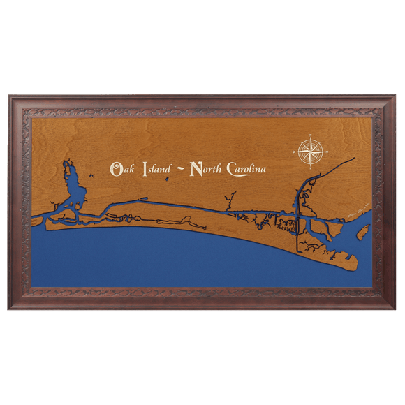 Oak Island, North Carolina Stained Wood and Dark Walnut Frame Lake Map Silhouette