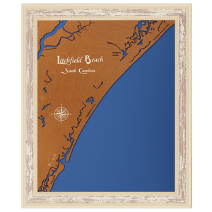 Litchfield Beach, South Carolina Stained Wood and Distressed White Frame Lake Map Silhouette