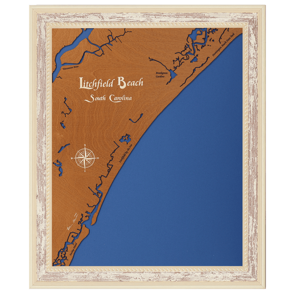 Litchfield Beach, South Carolina Stained Wood and Distressed White Frame Lake Map Silhouette