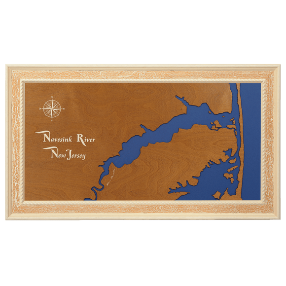 Navesink River, New Jersey Stained Wood and Distressed White Frame Lake Map Silhouette