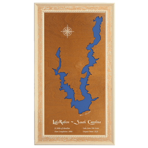 Lake Rabon, South Carolina Stained Wood and Distressed White Frame Lake Map Silhouette