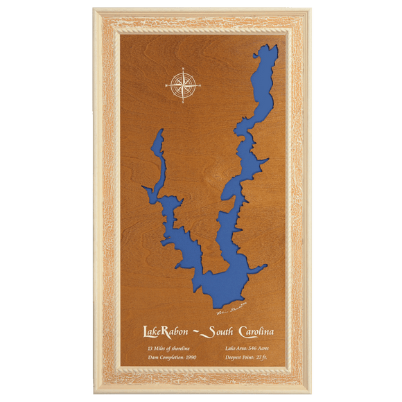 Lake Rabon, South Carolina Stained Wood and Distressed White Frame Lake Map Silhouette