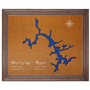 Deep Creek Lake, Maryland Stained Wood and Dark Walnut Frame Lake Map Silhouette