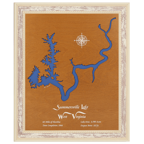 Summersville Lake, West Virginia Stained Wood and Distressed White Frame Lake Map Silhouette