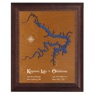 Keystone Lake, Oklahoma Stained Wood and Dark Walnut Frame Lake Map Silhouette