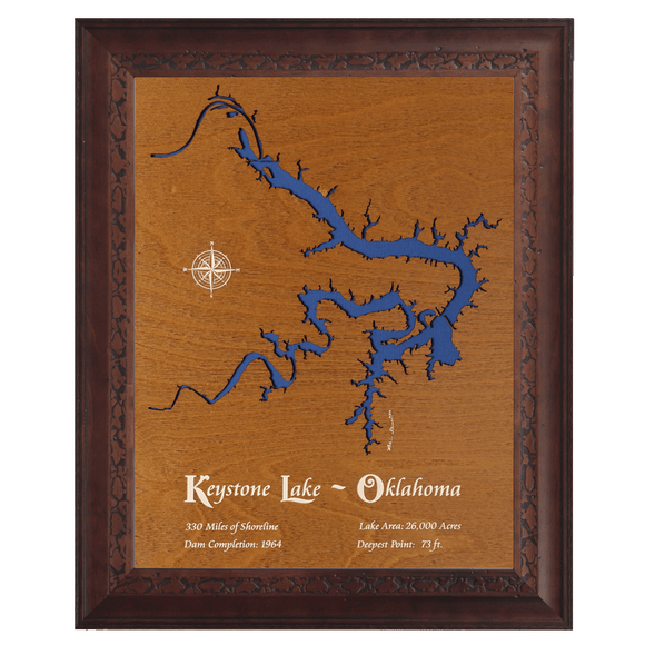 Keystone Lake, Oklahoma Stained Wood and Dark Walnut Frame Lake Map Silhouette