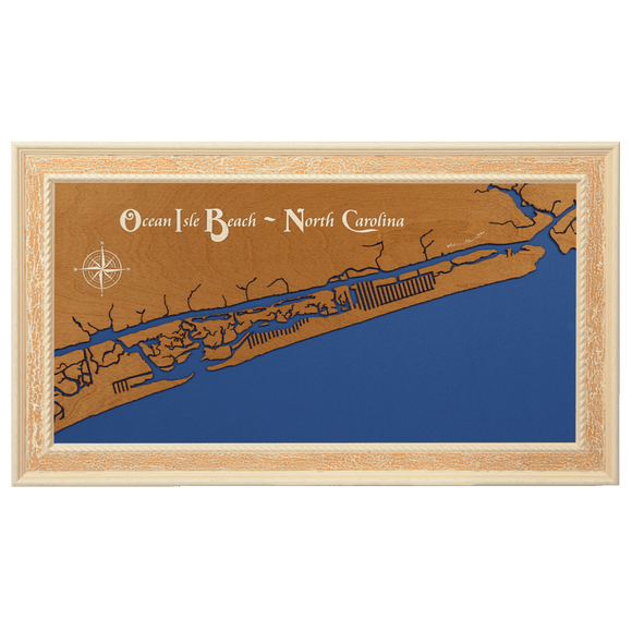 Ocean Isle Beach, North Carolina Stained Wood and Distressed White Frame Lake Map Silhouette